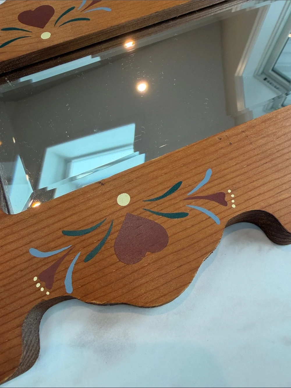 Vintage rustic farmhouse Wood Folk Art Scalloped Edge with Hearts Mirror 16 in.